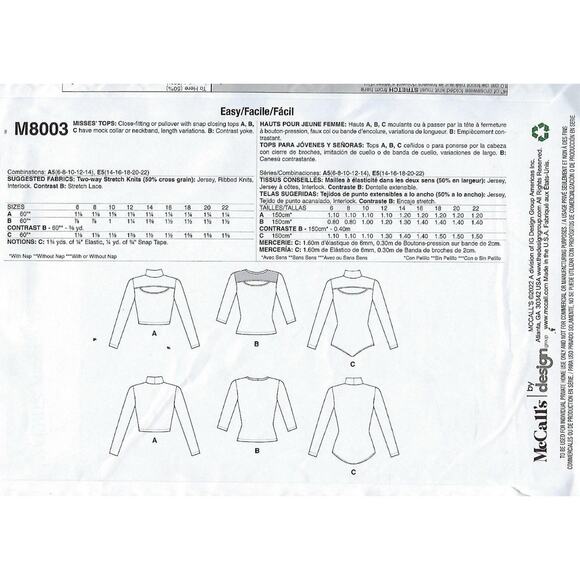 McCall’s M8003 Size A5 6-14 Uncut Misses Top Pullover New - Picture 7 of 7